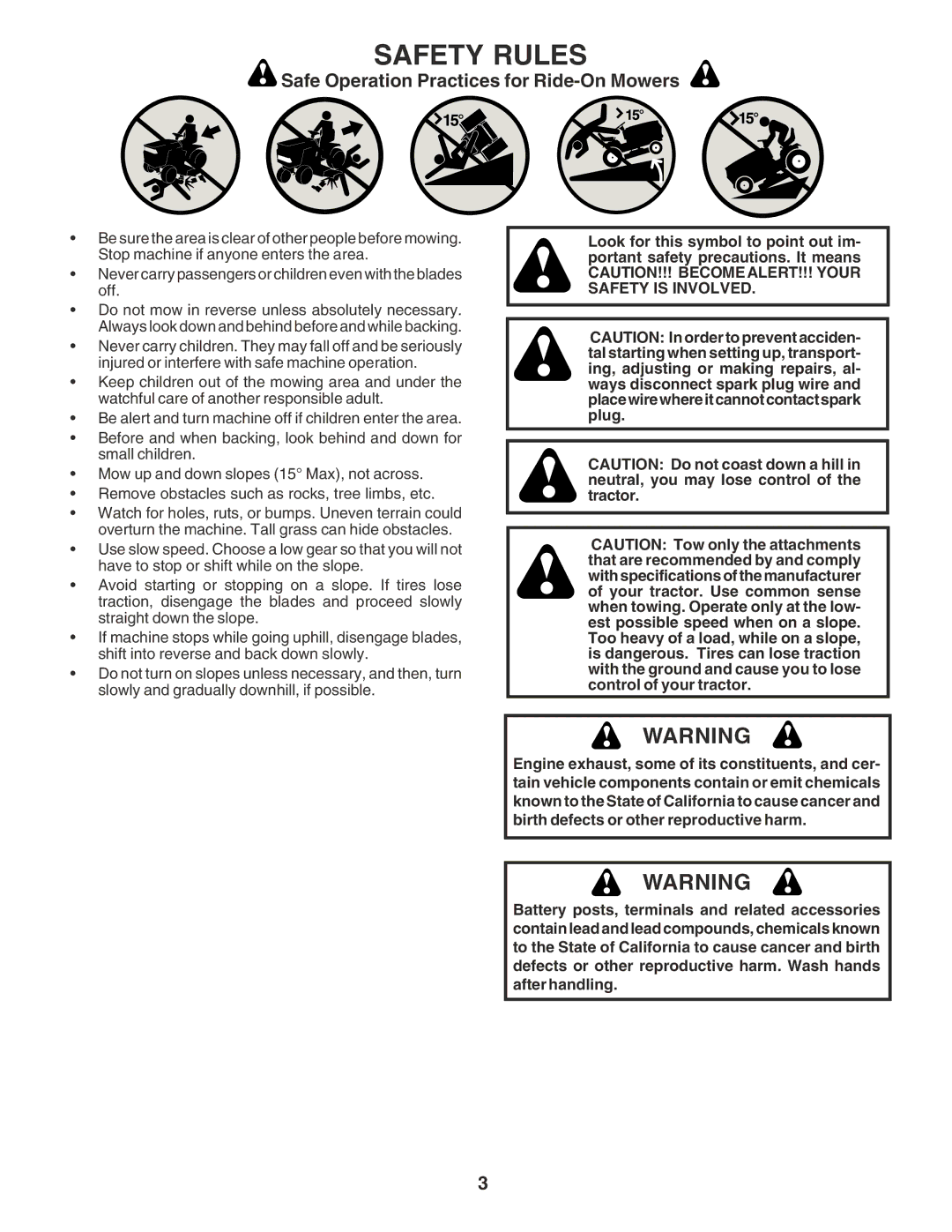 Poulan PR17542STC owner manual Safety Rules, Safe Operation Practices for Ride-On Mowers 