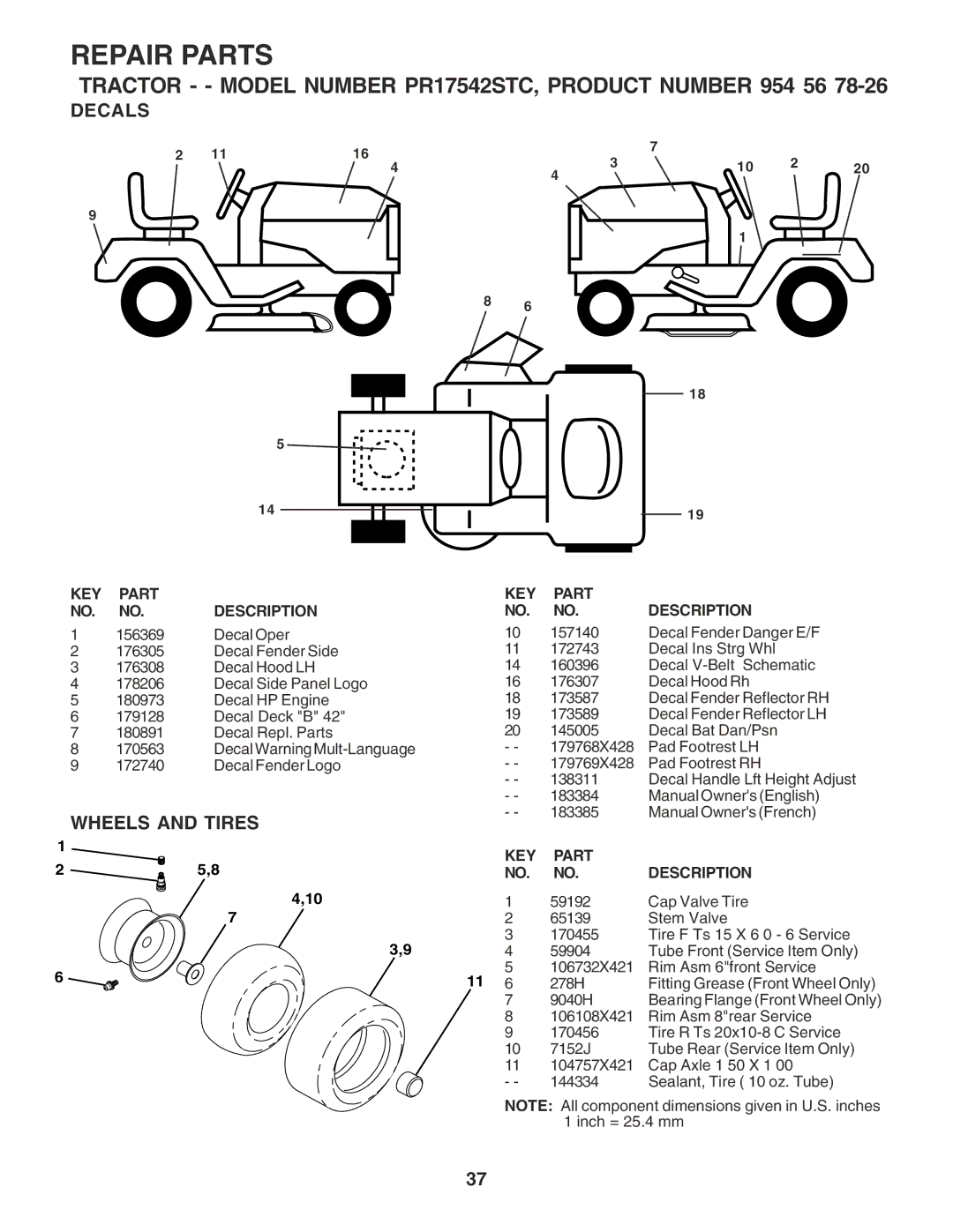 Poulan PR17542STC owner manual Decals, Wheels and Tires 