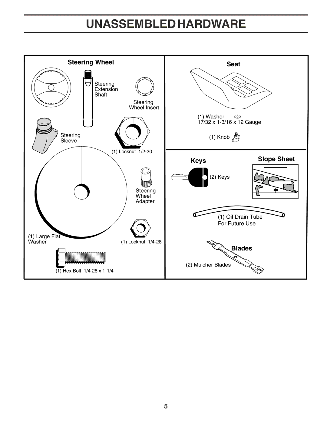 Poulan PR17542STC owner manual Unassembled Hardware, Steering Wheel, Seat, Keys Slope Sheet, Blades 