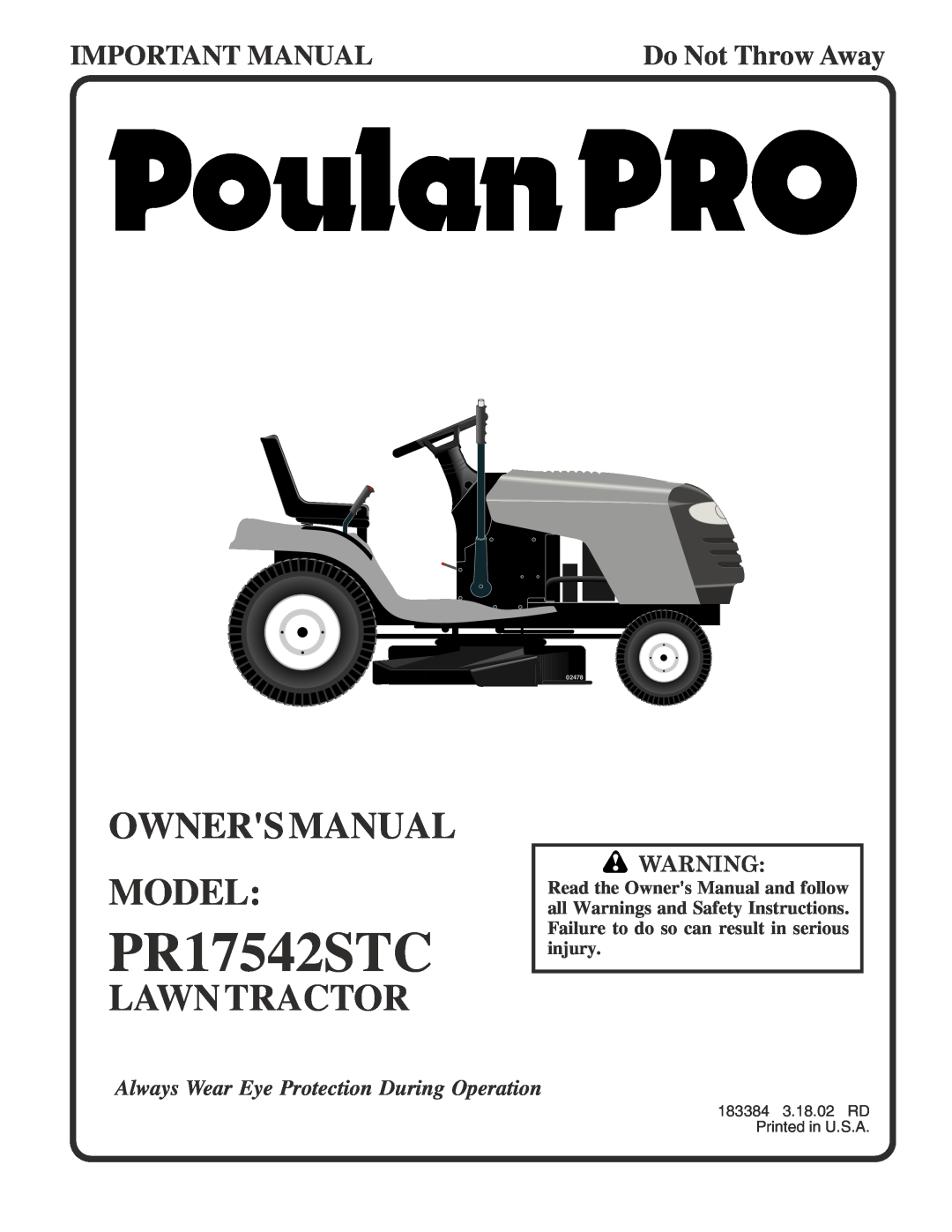 Poulan PR17542STC owner manual Lawntractor, Important Manual, Do Not Throw Away, 02478 