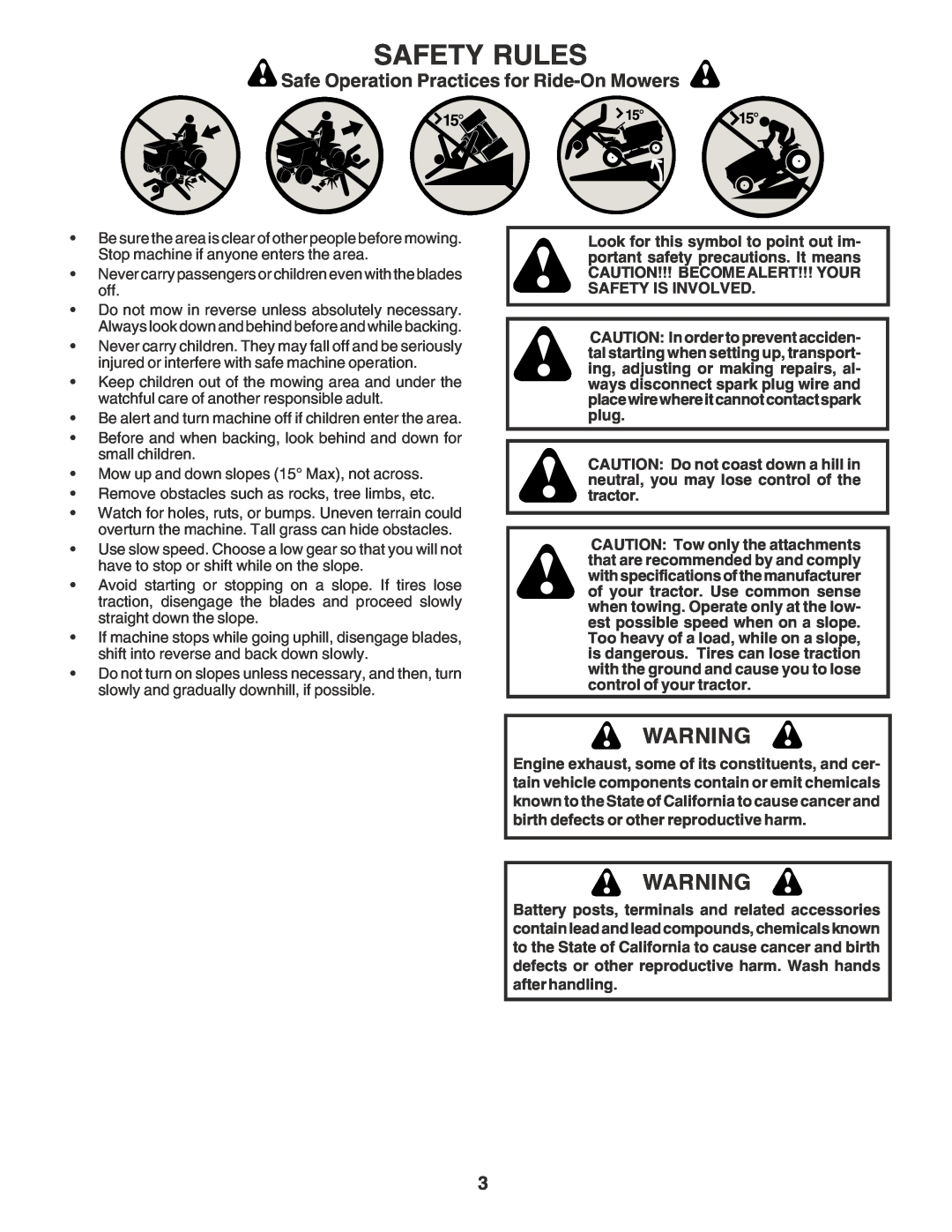 Poulan PR17542STC owner manual Safety Rules, Safe Operation Practices for Ride-On Mowers 