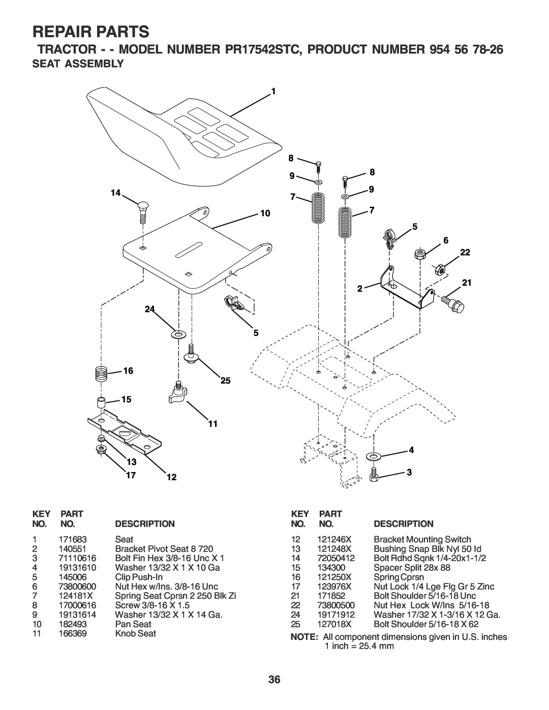 Poulan Seat Assembly, Repair Parts, TRACTOR - - MODEL NUMBER PR17542STC, PRODUCT NUMBER, Key Part No. No. Description 