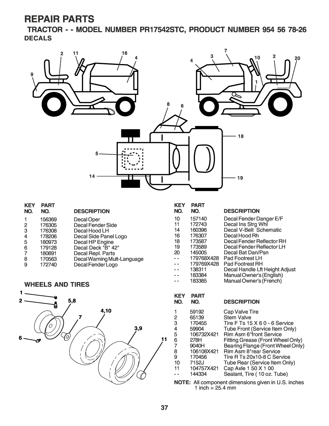 Poulan Decals, Wheels And Tires, Repair Parts, TRACTOR - - MODEL NUMBER PR17542STC, PRODUCT NUMBER, Description, 4,10 