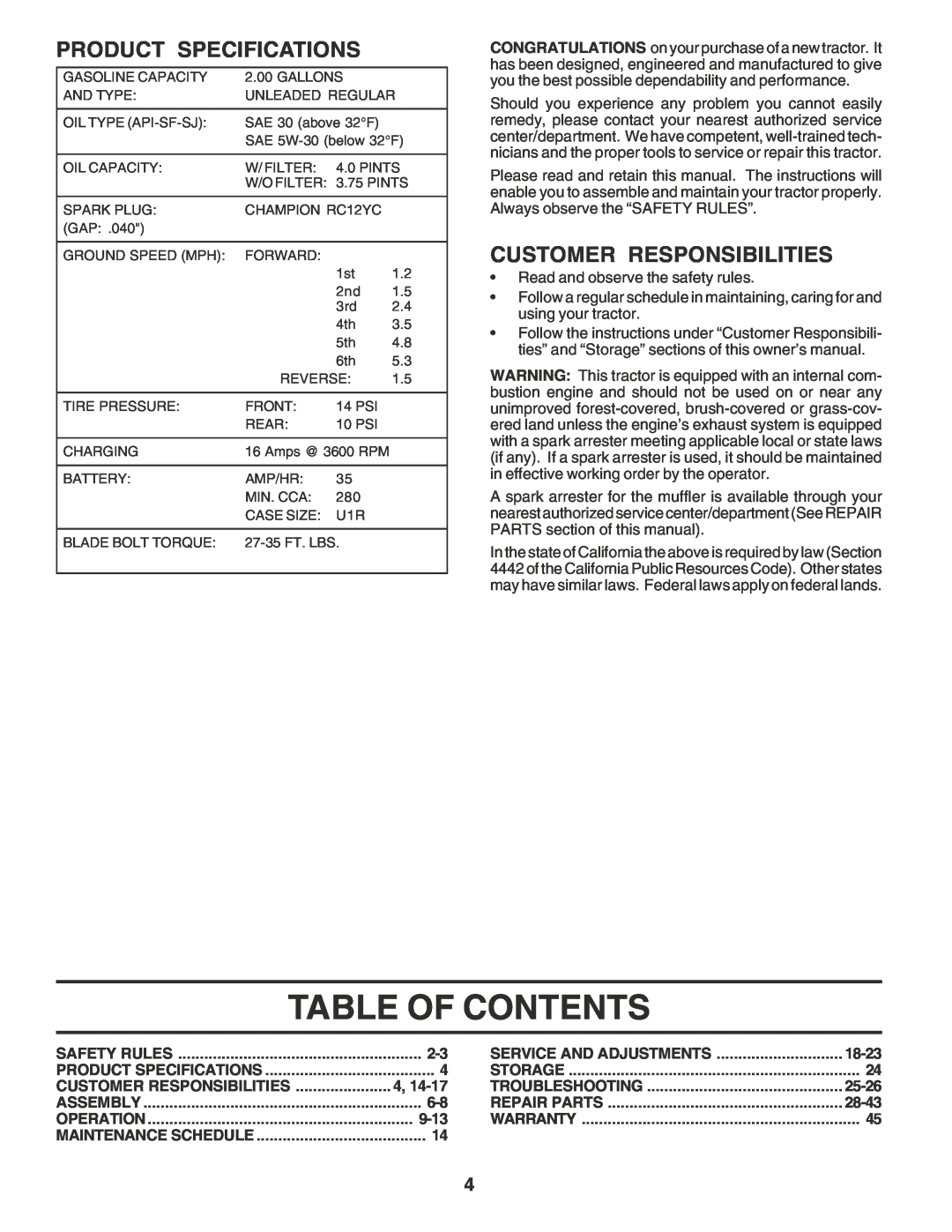 Poulan PR17542STC Table Of Contents, Product Specifications, Customer Responsibilities, 9-13, 18-23, 25-26, 28-43 