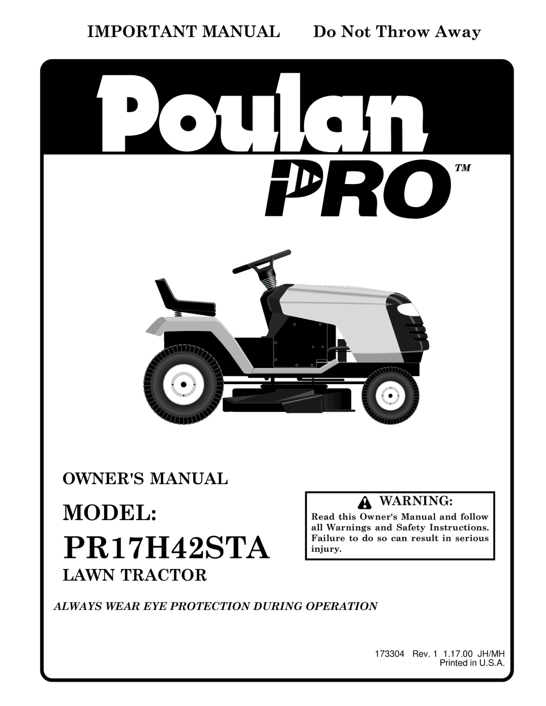 Poulan 173304 owner manual PR17H42STA 