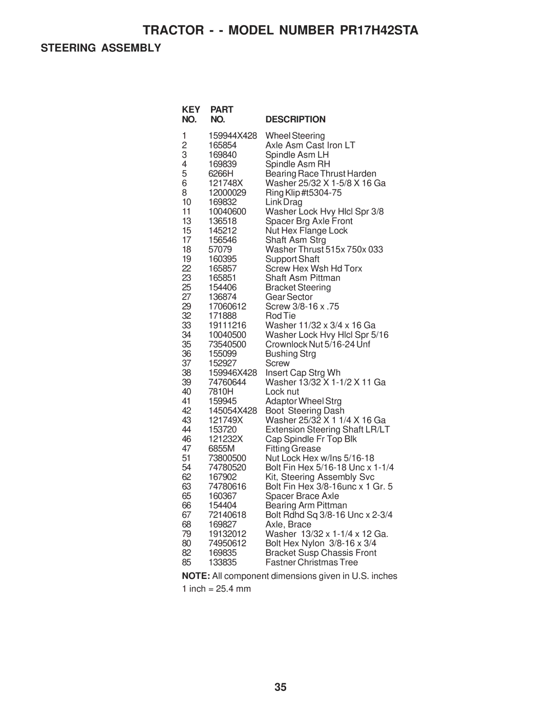 Poulan 173304, PR17H42STA owner manual KEY Part NO. NO.DESCRIPTION 