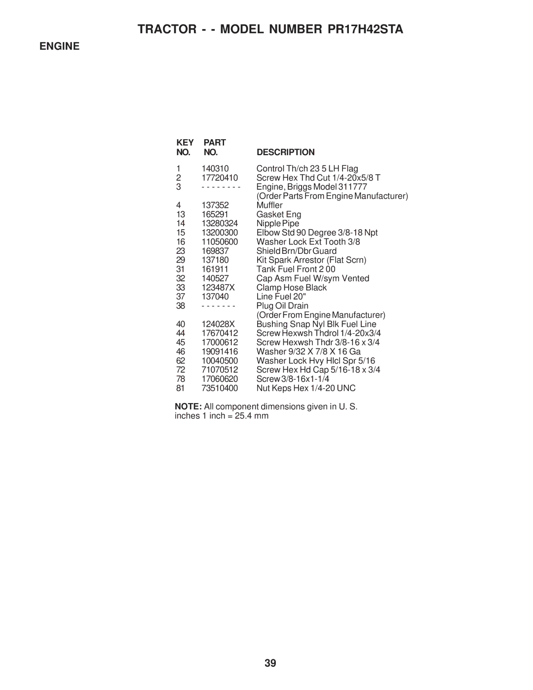 Poulan 173304, PR17H42STA owner manual KEY Part NO. NO.DESCRIPTION 