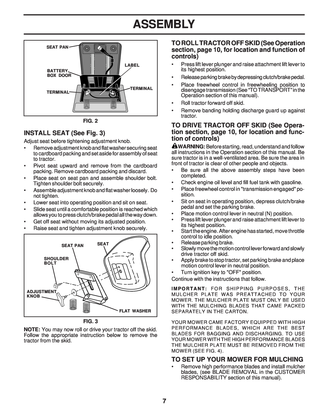 Poulan 173304, PR17H42STA owner manual INSTALL SEAT See Fig, To Set Up Your Mower For Mulching, Assembly 