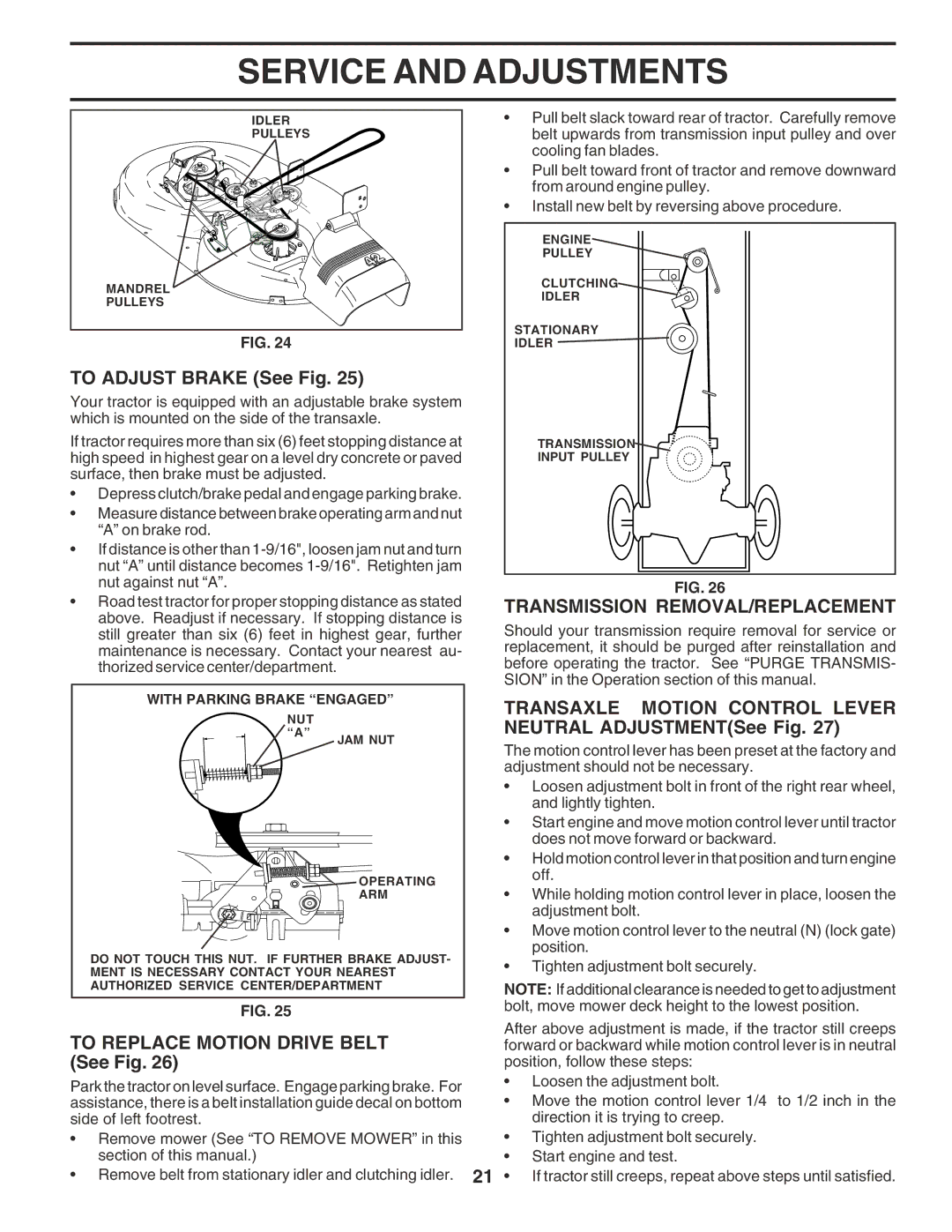 Poulan PR17H42STD To Adjust Brake See Fig, To Replace Motion Drive Belt See Fig, Transmission REMOVAL/REPLACEMENT 