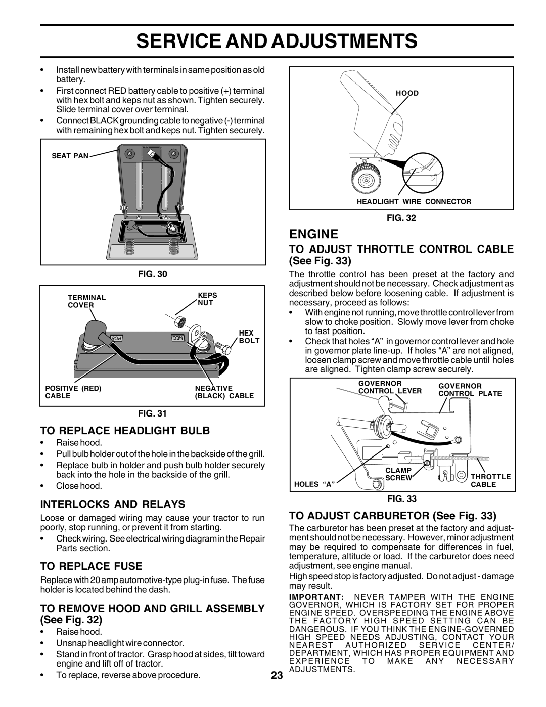 Poulan PR17H42STD owner manual To Replace Headlight Bulb, Interlocks and Relays, To Replace Fuse 