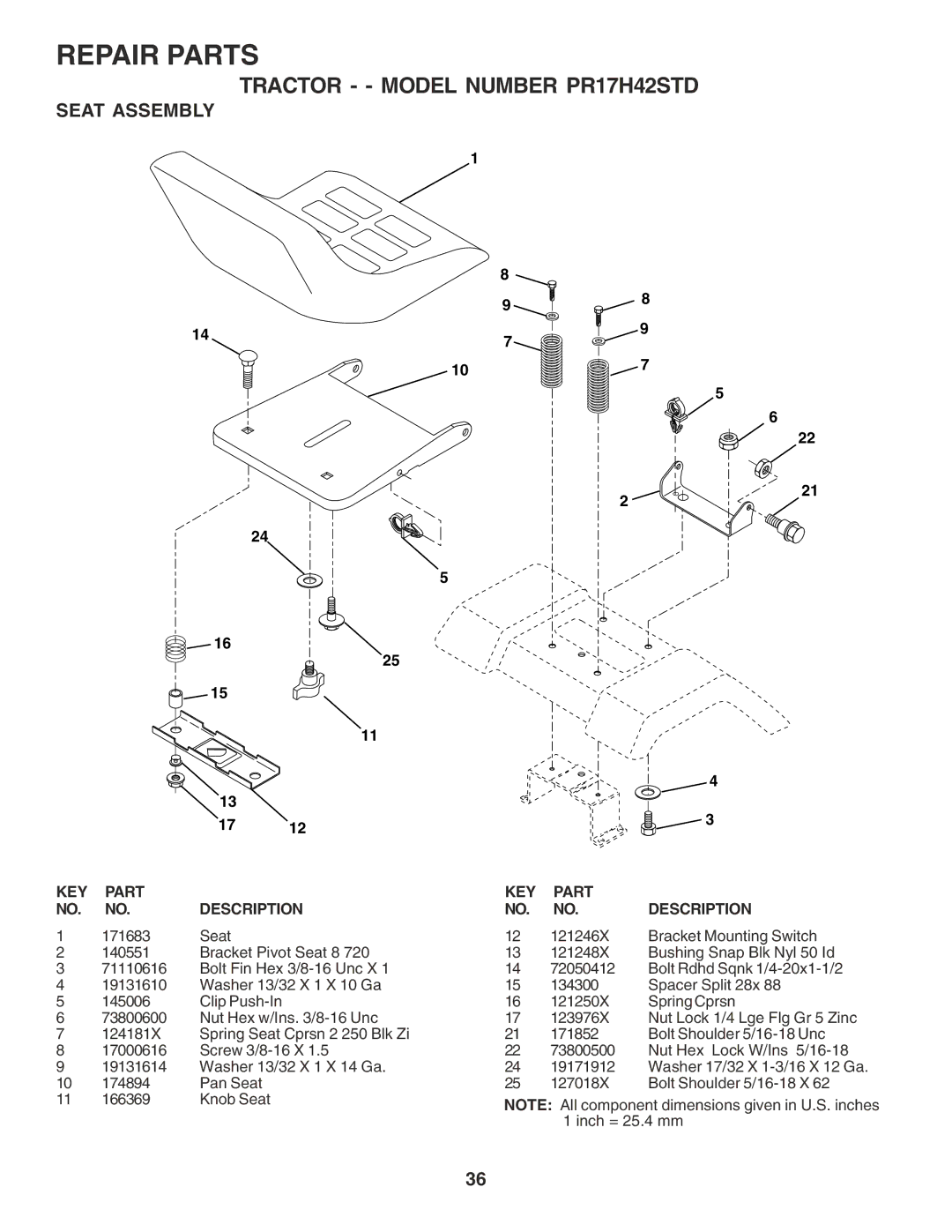 Poulan PR17H42STD owner manual Seat Assembly 