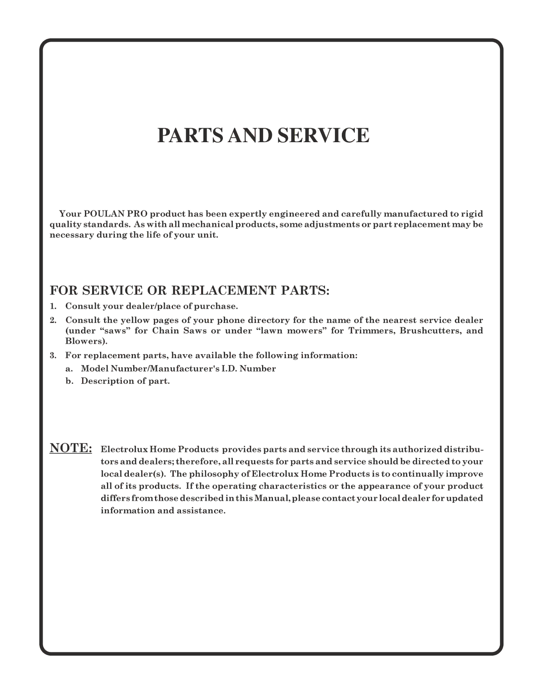 Poulan PR17H42STD owner manual Parts and Service 