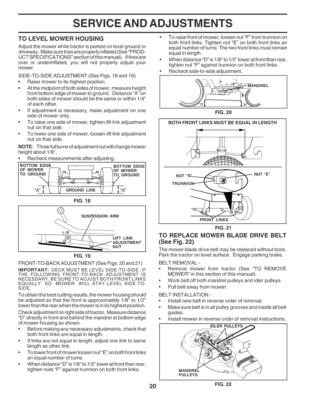 Poulan PR17H42STE To Level Mower Housing, To Replace Mower Blade Drive Belt See Fig, Belt Removal, Belt Installation 