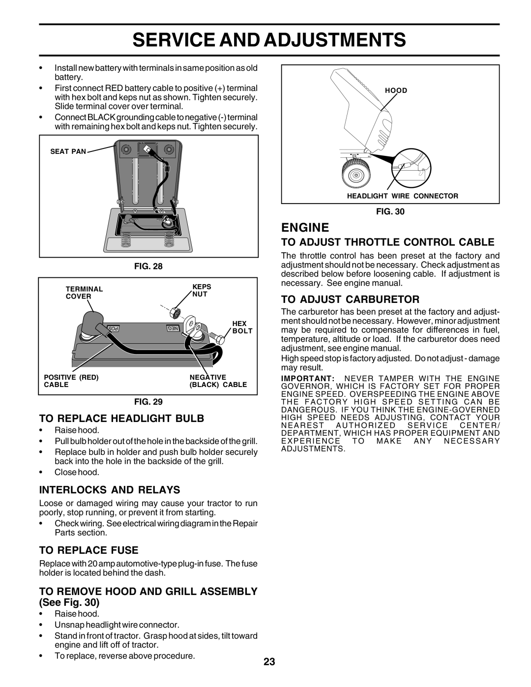 Poulan PR17H42STE To Replace Headlight Bulb, Interlocks and Relays, To Adjust Throttle Control Cable, To Adjust Carburetor 