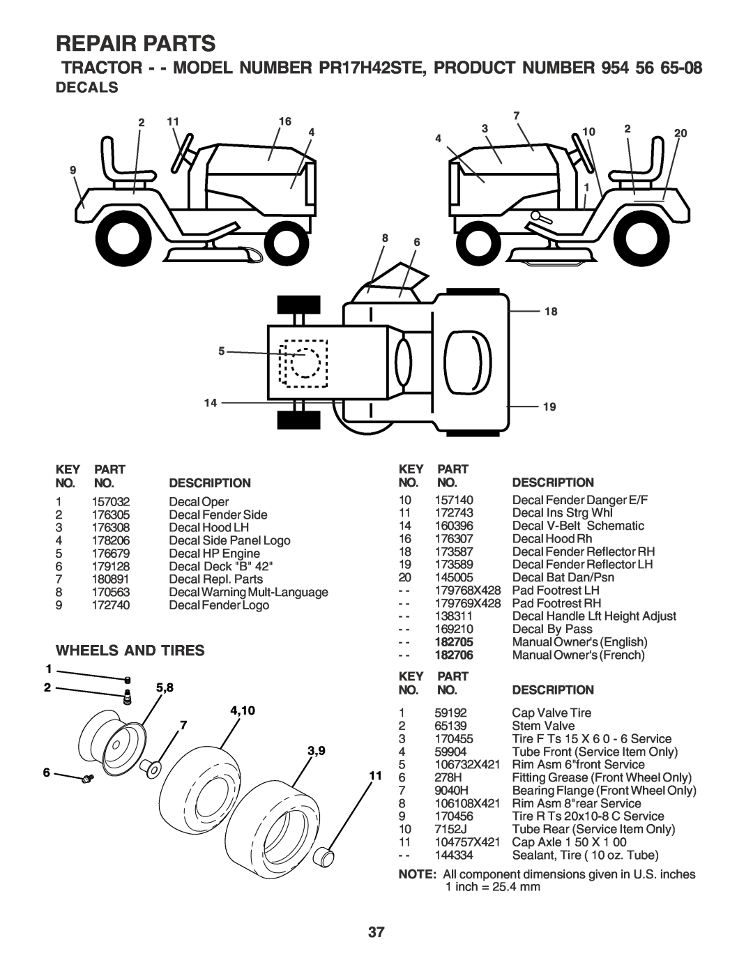 Poulan owner manual Decals, Wheels And Tires, Repair Parts, TRACTOR - - MODEL NUMBER PR17H42STE, PRODUCT NUMBER 954 