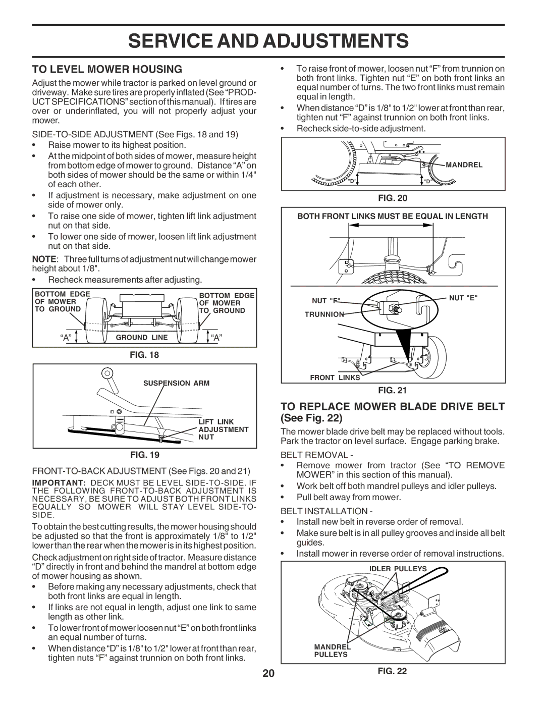 Poulan PR17H42STF To Level Mower Housing, To Replace Mower Blade Drive Belt See Fig, Belt Removal, Belt Installation 