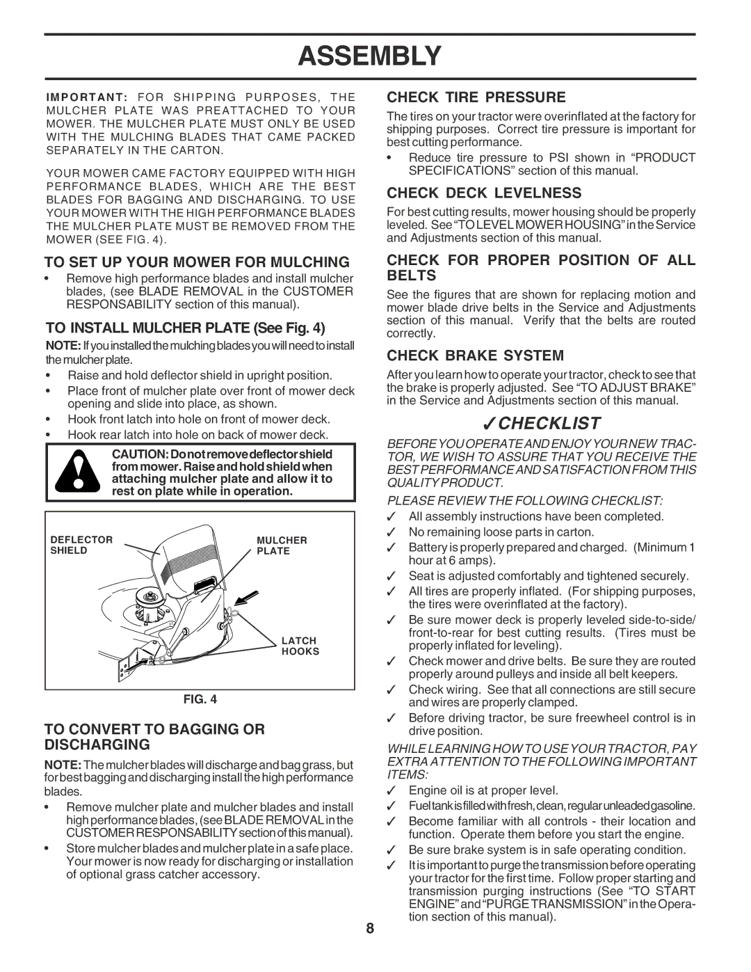 Poulan PR17H42STF owner manual To SET UP Your Mower for Mulching, To Convert to Bagging or Discharging, Check Tire Pressure 