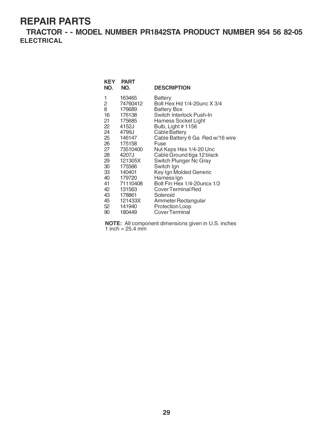 Poulan PR1842STA owner manual KEY Part Description 