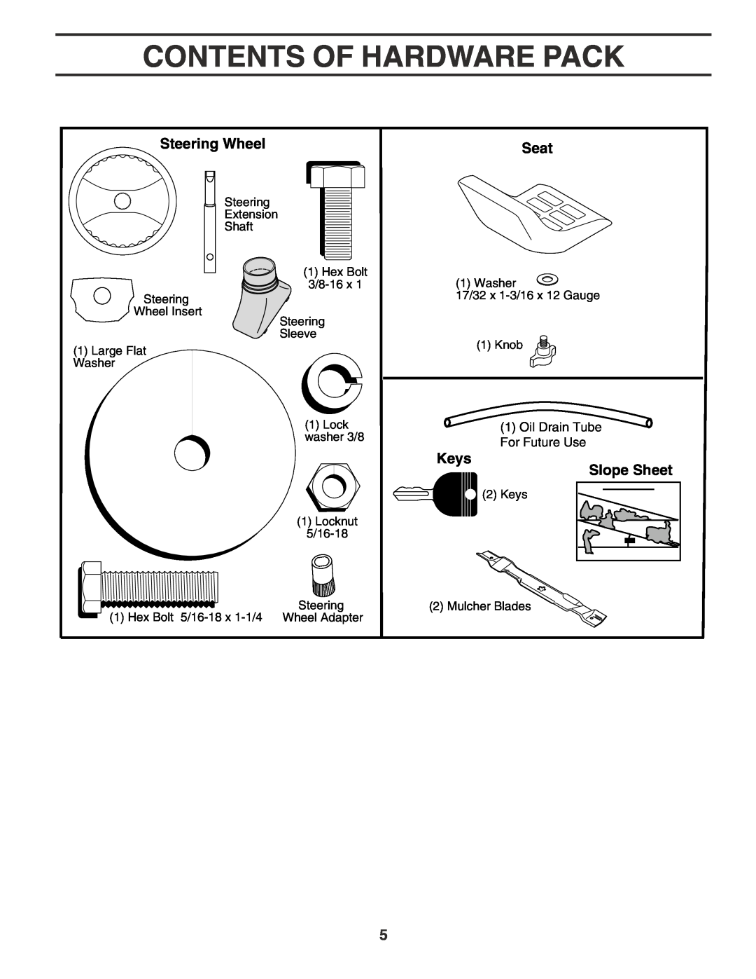 Poulan PR1842STA owner manual Contents Of Hardware Pack, Steering Wheel, Seat, Keys Slope Sheet, For Future Use 