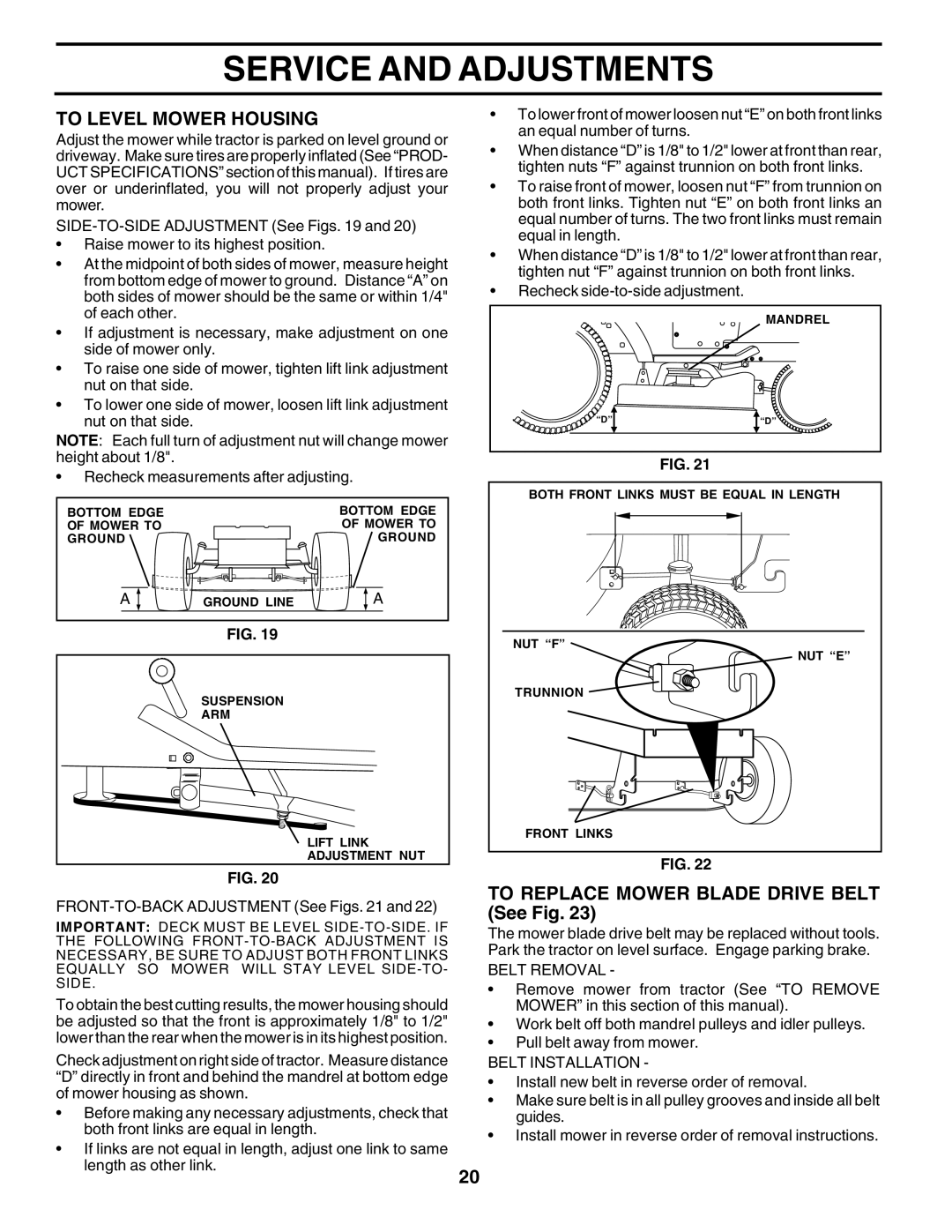 Poulan PR1842STB To Level Mower Housing, To Replace Mower Blade Drive Belt See Fig, Belt Removal, Belt Installation 