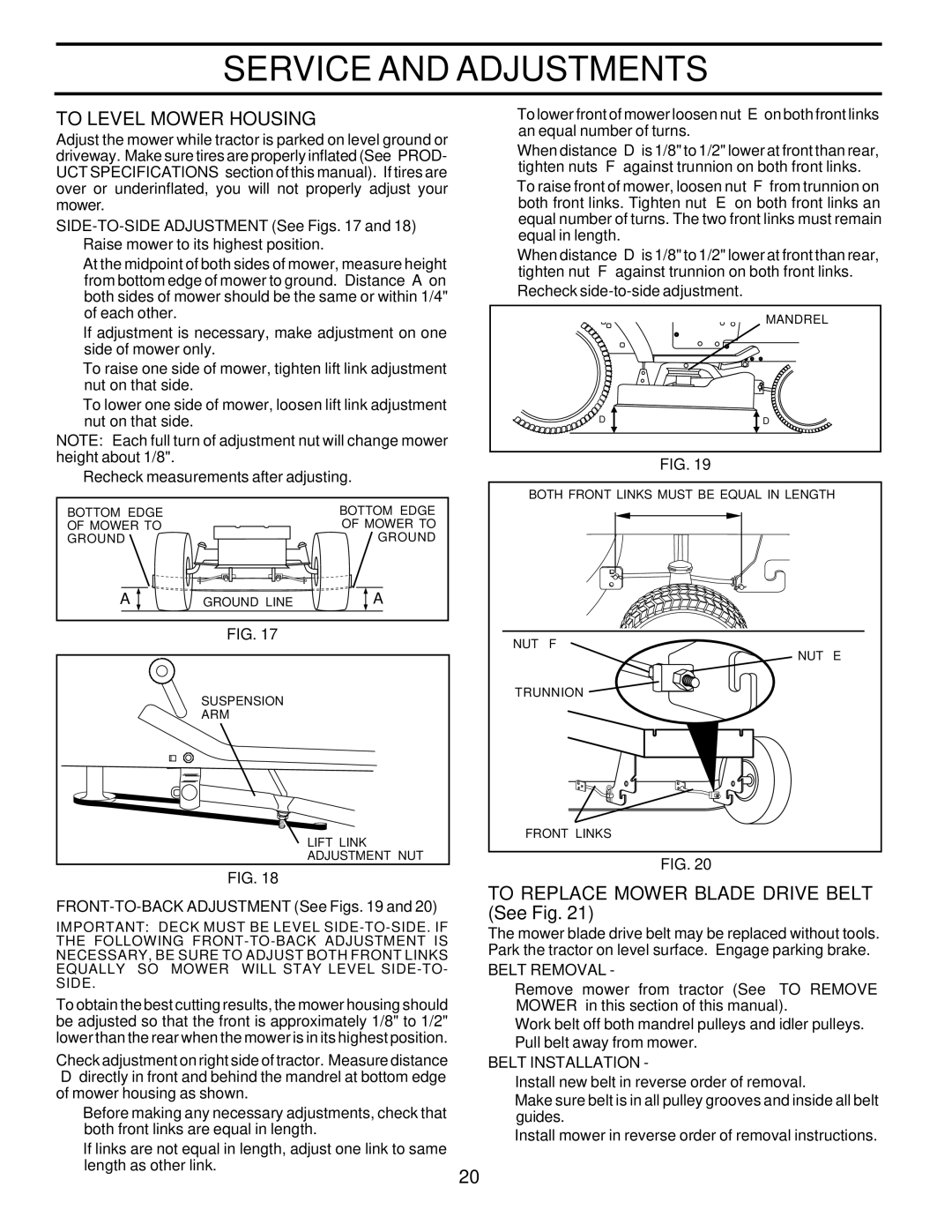 Poulan PR1842STC owner manual To Level Mower Housing, To Replace Mower Blade Drive Belt See Fig 