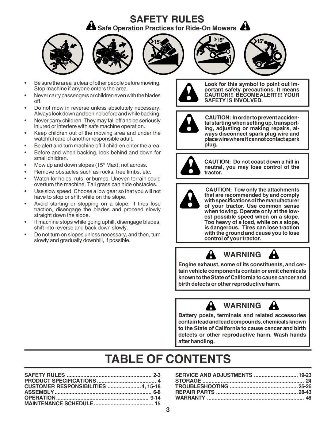 Poulan PR1842STD owner manual Table of Contents 