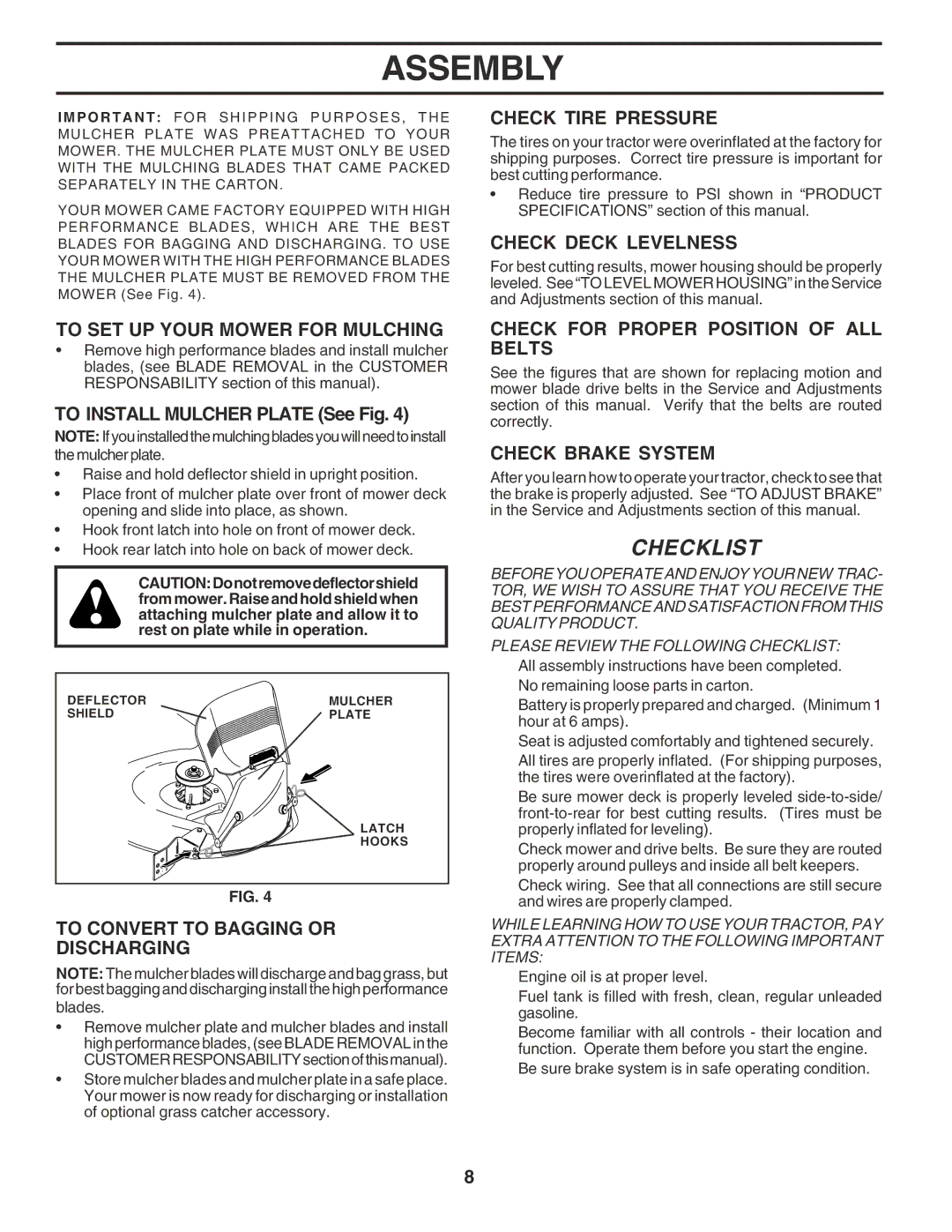 Poulan PR1842STD owner manual To SET UP Your Mower for Mulching, To Convert to Bagging or Discharging, Check Tire Pressure 