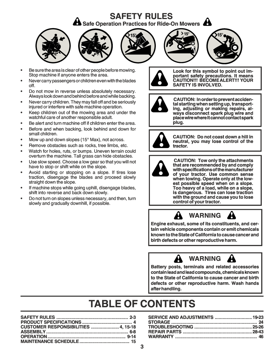 Poulan PR1842STD Table Of Contents, Safety Rules, Safe Operation Practices for Ride-On Mowers, 9-14, 19-23, 25-26, 28-43 