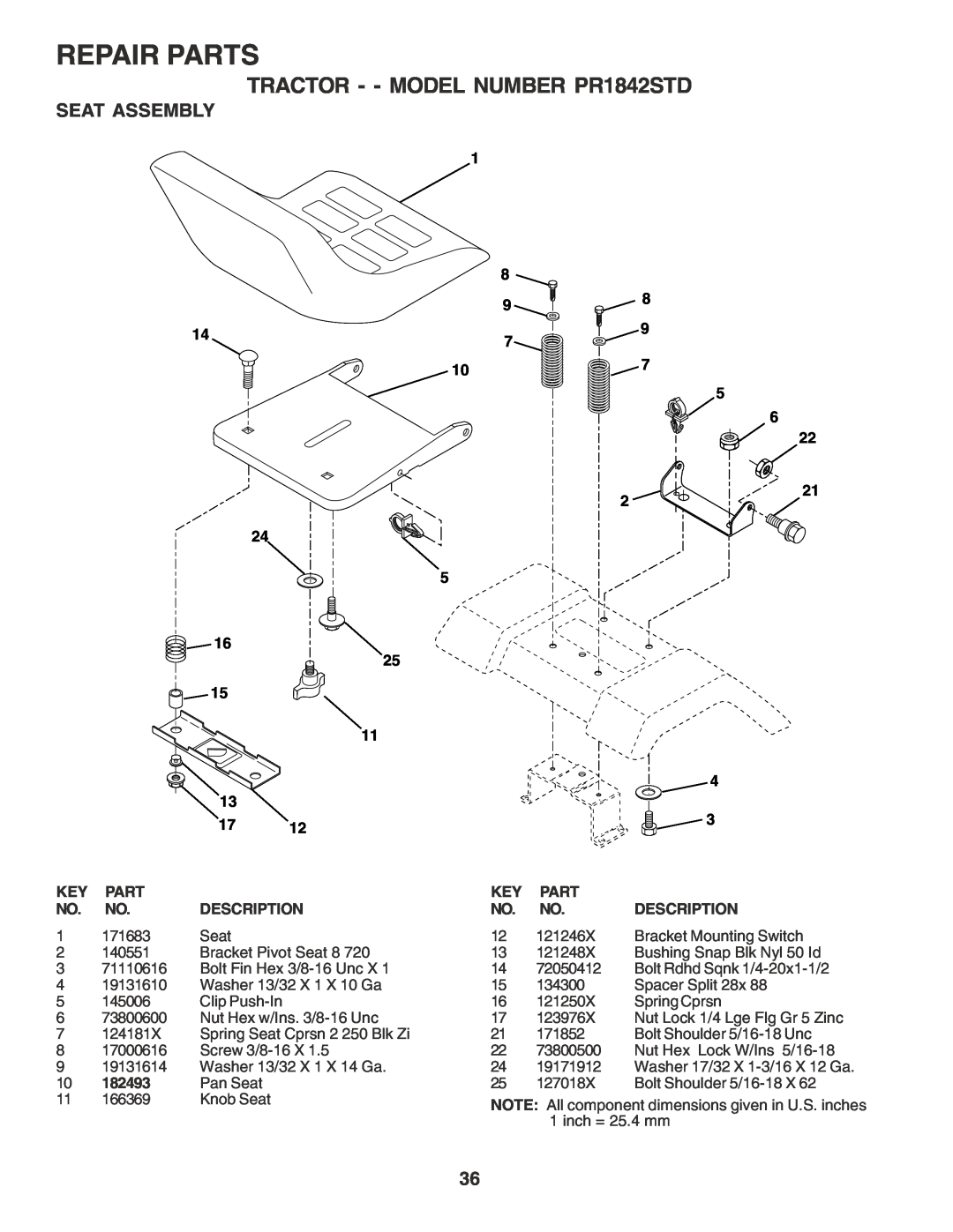 Poulan owner manual Seat Assembly, Repair Parts, TRACTOR - - MODEL NUMBER PR1842STD, Description, 182493 