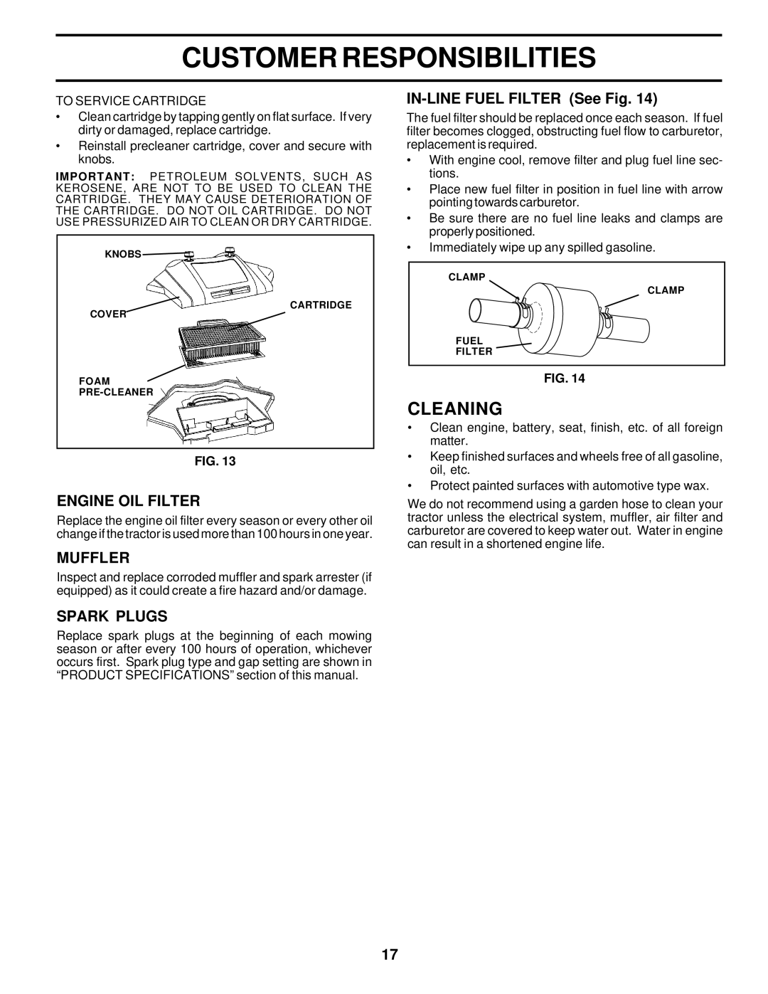 Poulan PR18542STC owner manual Cleaning, Engine OIL Filter, Muffler, Spark Plugs, IN-LINE Fuel Filter See Fig 