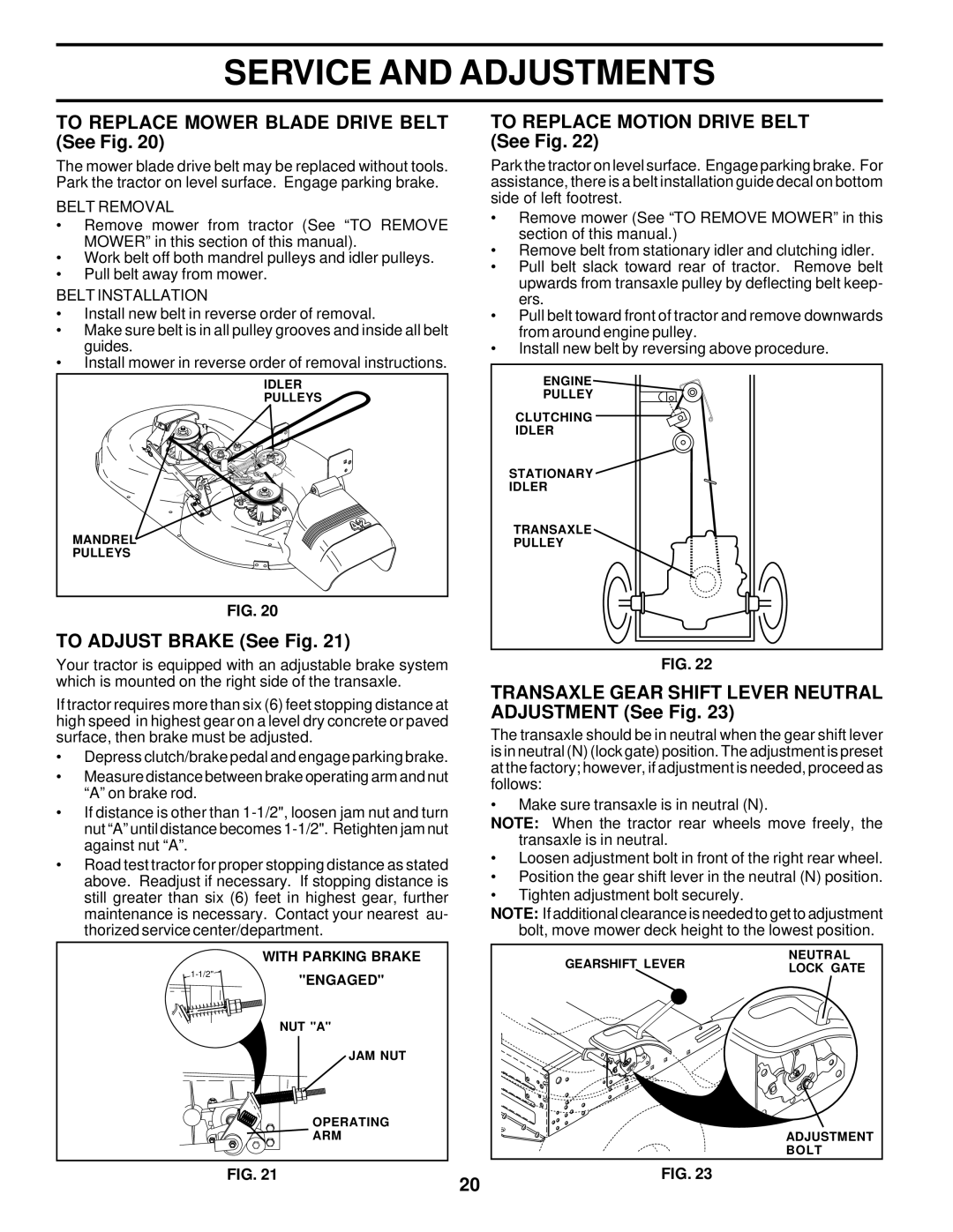 Poulan PR18542STC To Replace Mower Blade Drive Belt See Fig, To Adjust Brake See Fig, To Replace Motion Drive Belt See Fig 