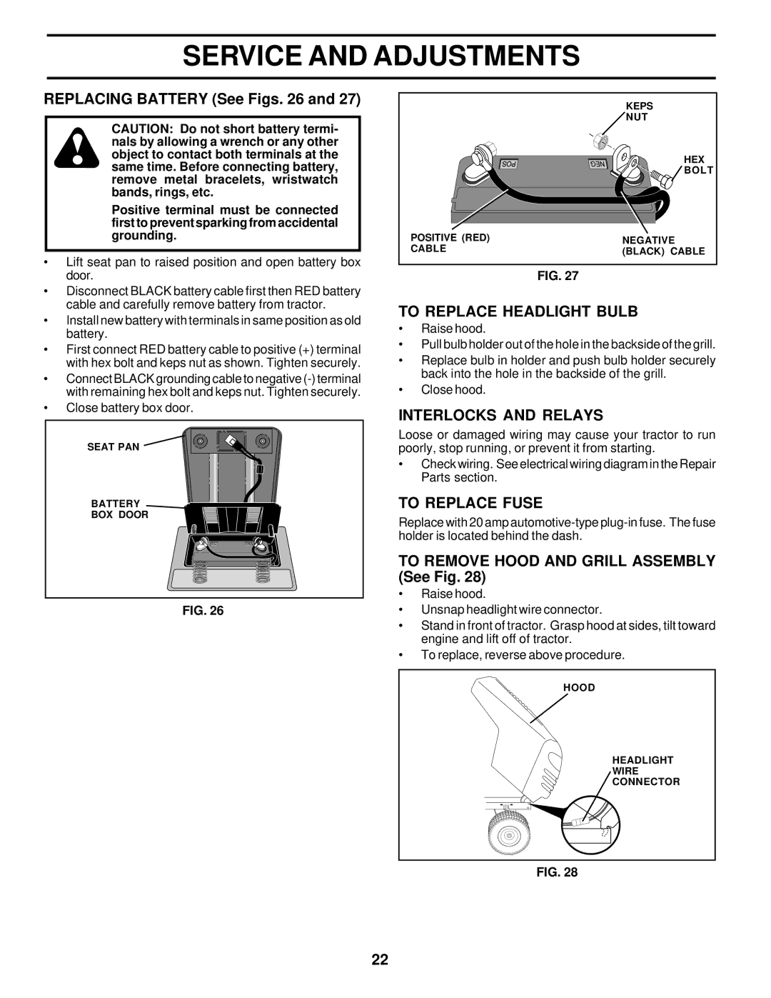 Poulan PR18542STC Replacing Battery See Figs, To Replace Headlight Bulb, Interlocks and Relays, To Replace Fuse 