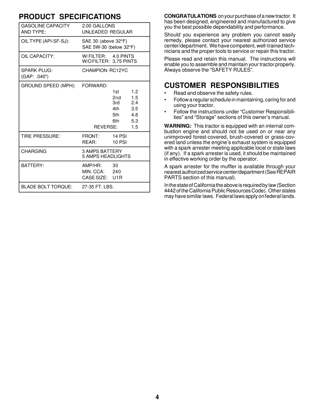 Poulan PR18542STC owner manual Product Specifications, Customer Responsibilities 