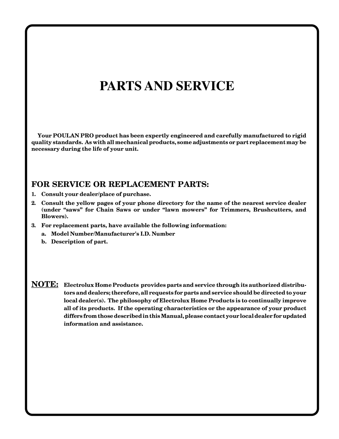 Poulan PR18542STC owner manual Parts and Service 