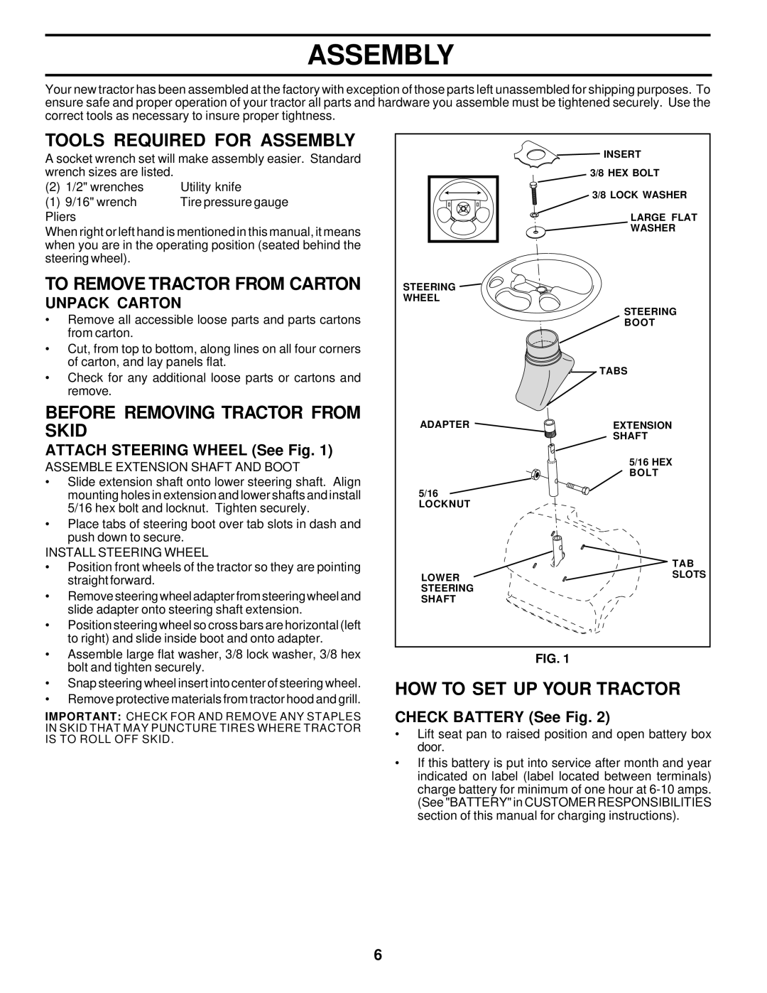 Poulan PR18542STC Tools Required for Assembly, To Remove Tractor from Carton, Before Removing Tractor from Skid 