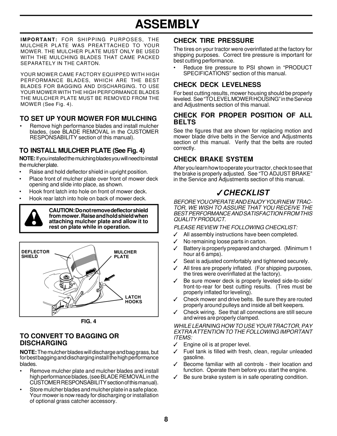 Poulan PR18542STC owner manual To SET UP Your Mower for Mulching, To Convert to Bagging or Discharging, Check Tire Pressure 