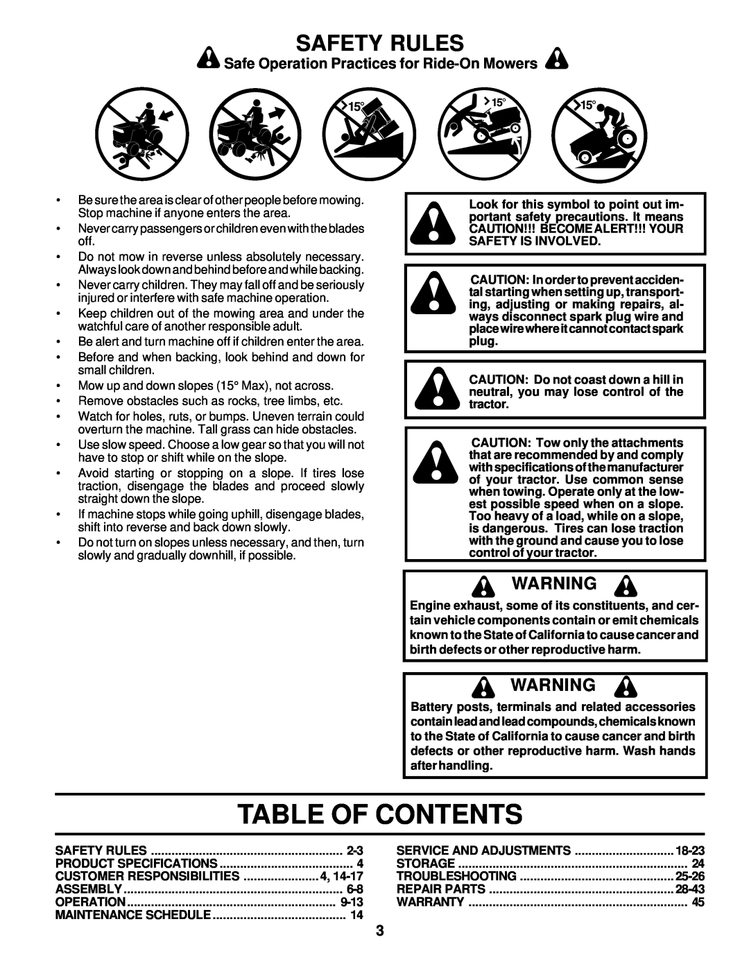 Poulan PR18542STC Table Of Contents, Safety Rules, Safe Operation Practices for Ride-On Mowers, 9-13, 18-23, 25-26, 28-43 