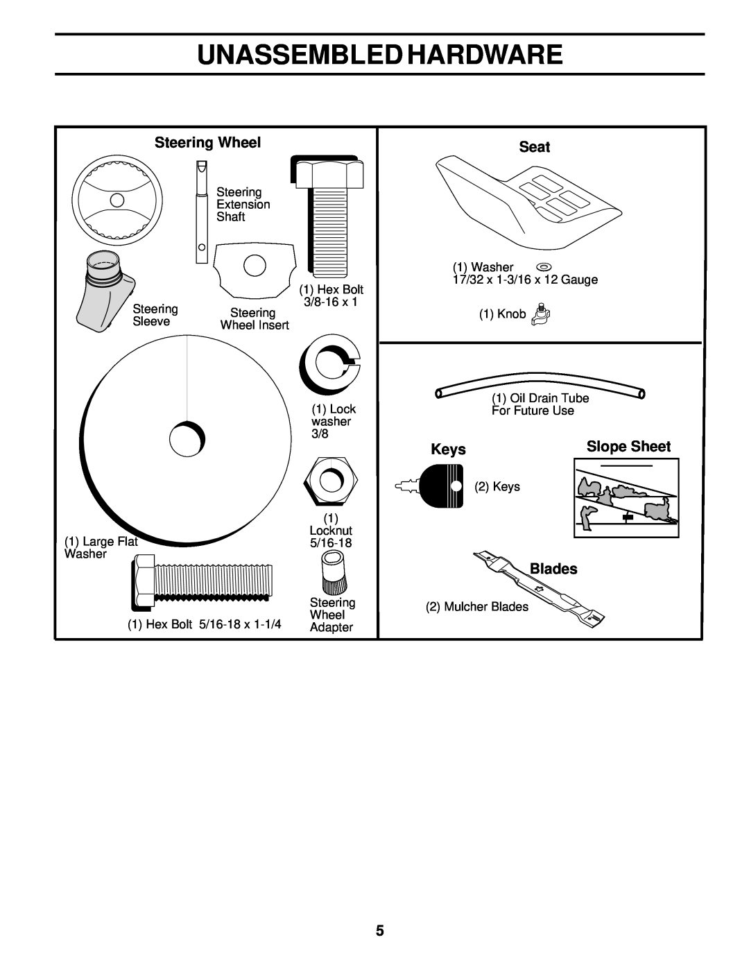Poulan PR18542STC owner manual Unassembled Hardware, Steering Wheel, Seat, Keys, Slope Sheet, Blades 