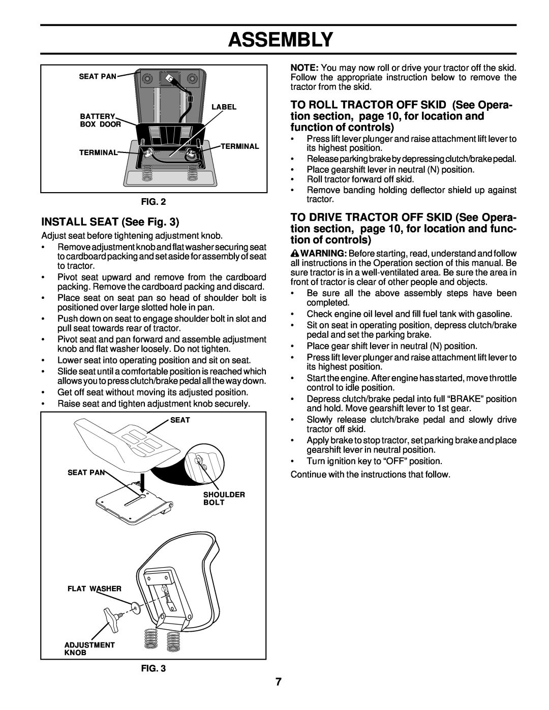 Poulan PR18542STC owner manual INSTALL SEAT See Fig, Assembly 