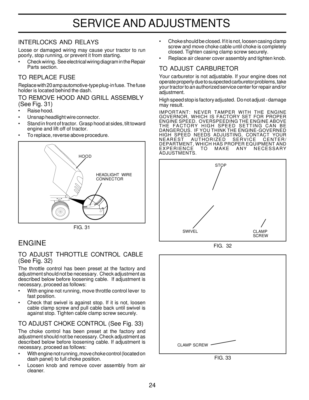 Poulan PR185H42STC owner manual Interlocks and Relays, To Replace Fuse, To Adjust Carburetor 