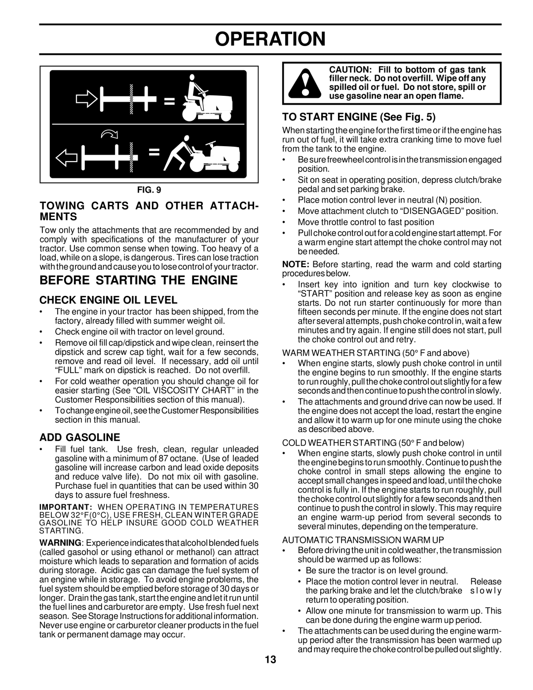 Poulan PR185H42STD Before Starting the Engine, Towing Carts and Other ATTACH- Ments, Check Engine OIL Level, ADD Gasoline 