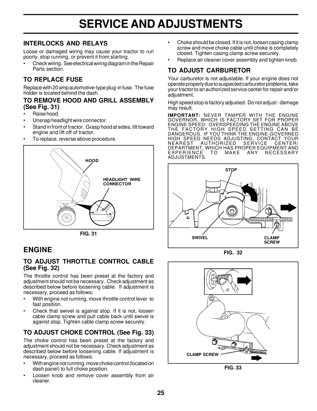 Poulan PR185H42STD owner manual Interlocks and Relays, To Replace Fuse, To Adjust Carburetor 