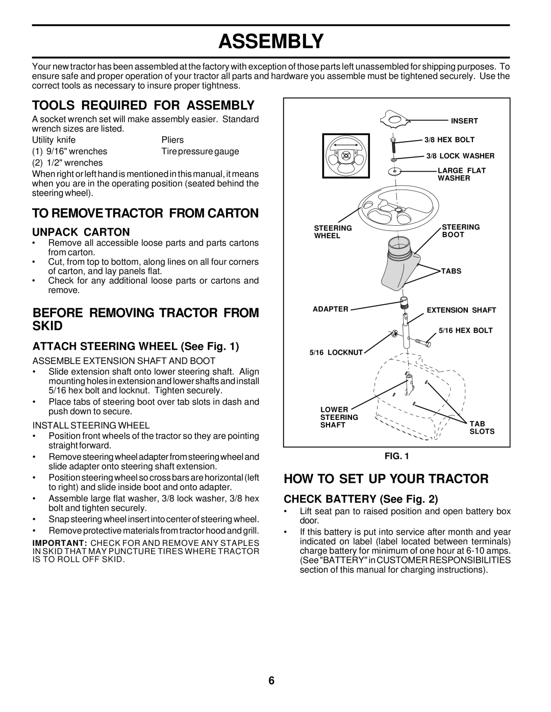 Poulan PR185H42STD Tools Required for Assembly, To Remove Tractor from Carton, Before Removing Tractor from Skid 