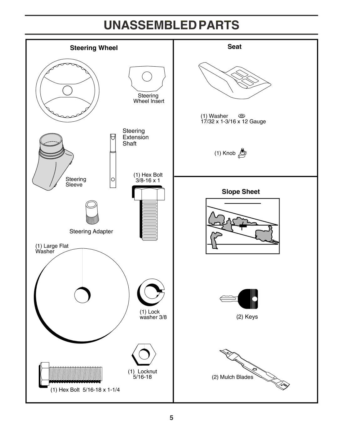 Poulan PR185H42STE owner manual Unassembled Parts, Steering Wheel Seat, Slope Sheet 