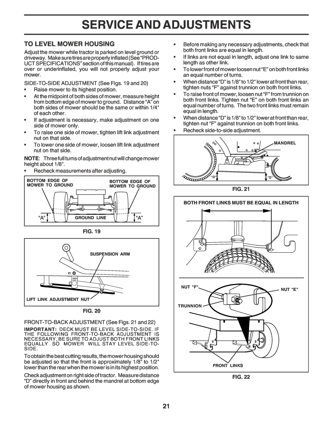 Poulan PR185H42STF owner manual To Level Mower Housing, Service And Adjustments, Both Front Links Must Be Equal In Length 