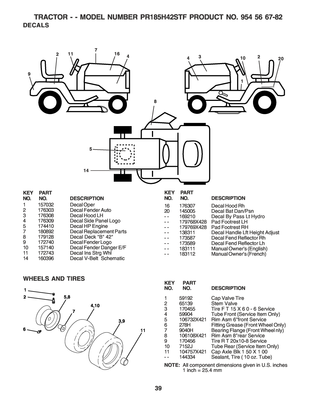 Poulan Decals, Wheels And Tires, TRACTOR - - MODEL NUMBER PR185H42STF PRODUCT NO. 954, Fitting Grease Front Wheel Only 