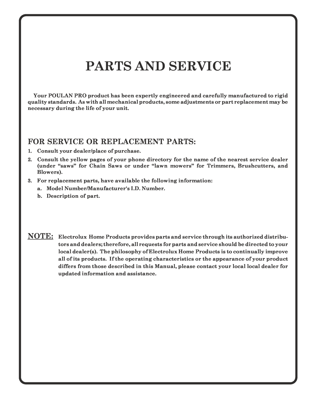 Poulan PR185H42STF owner manual Parts And Service, For Service Or Replacement Parts 