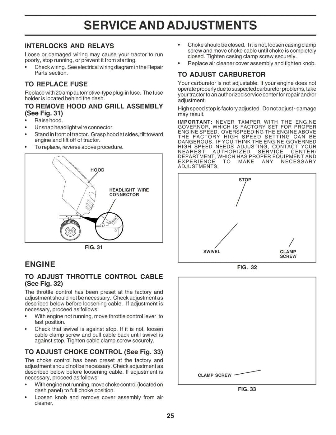 Poulan PR185H42STH owner manual Interlocks and Relays, To Replace Fuse, To Adjust Carburetor 