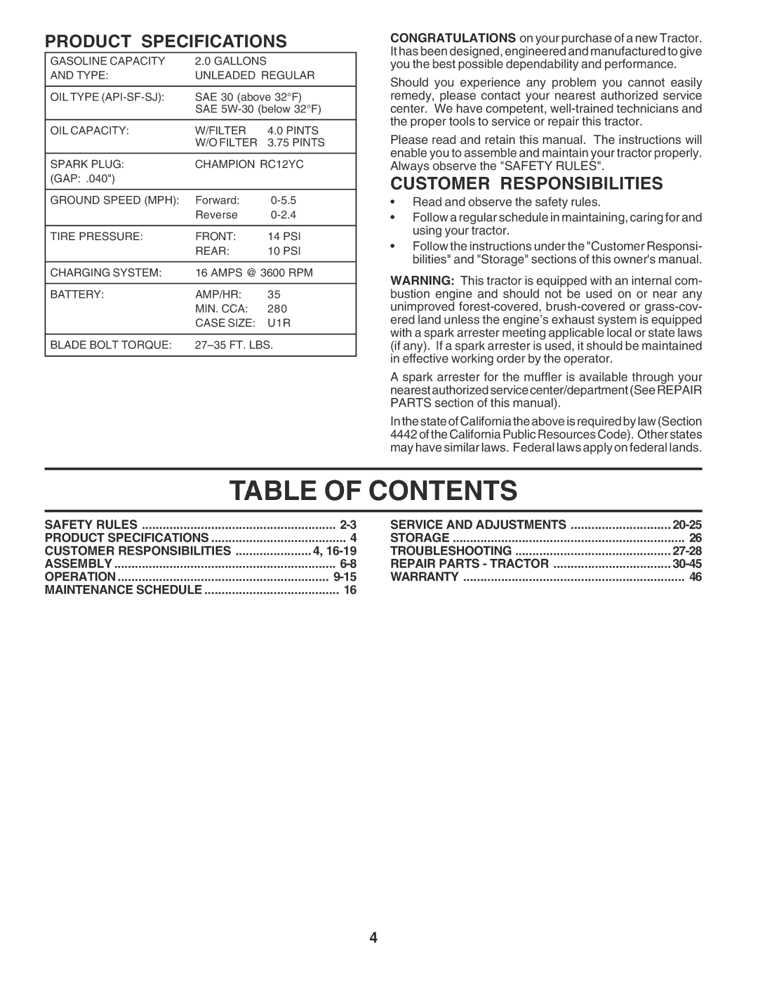 Poulan PR185H42STH owner manual Table of Contents 