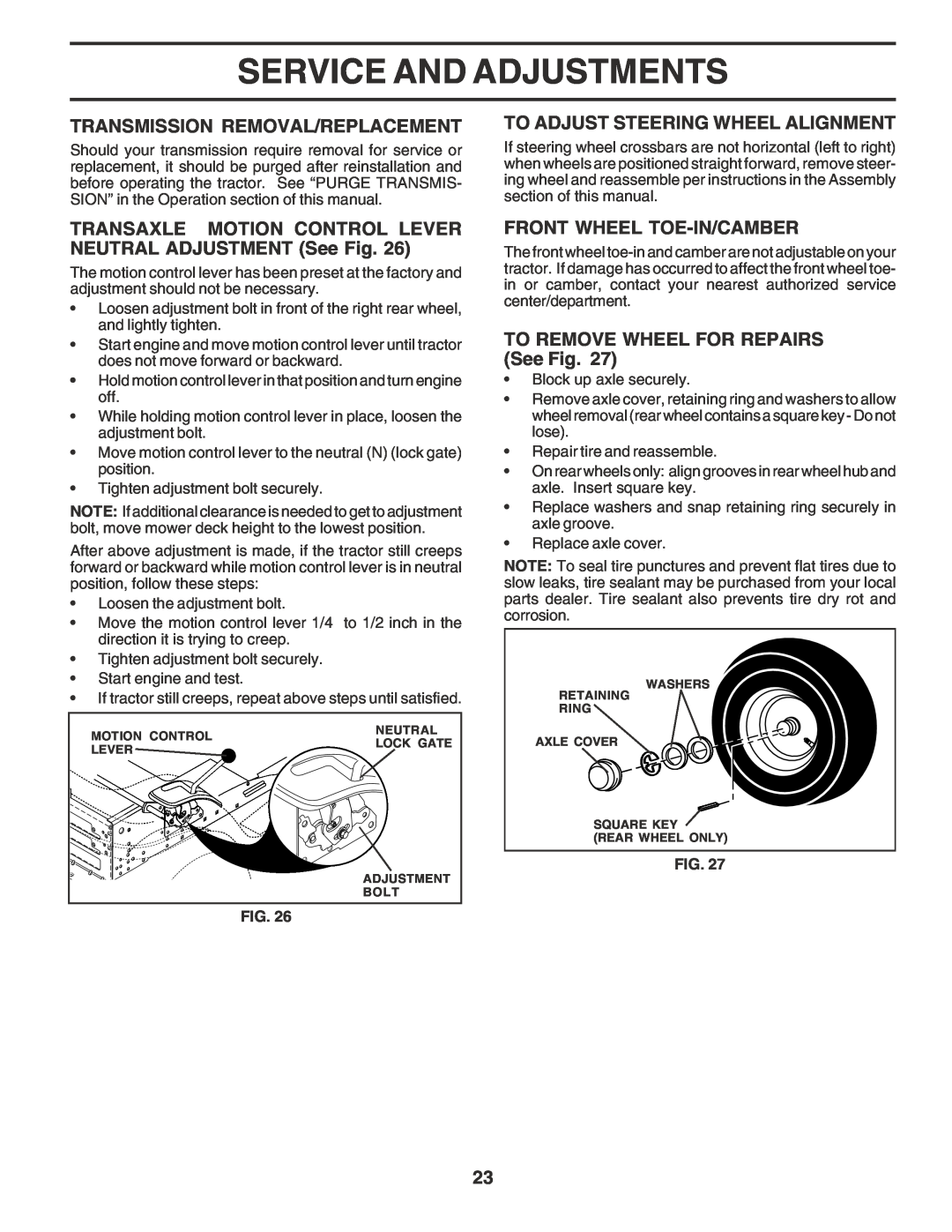 Poulan PR185H42STH Transmission Removal/Replacement, To Adjust Steering Wheel Alignment, Front Wheel Toe-In/Camber 
